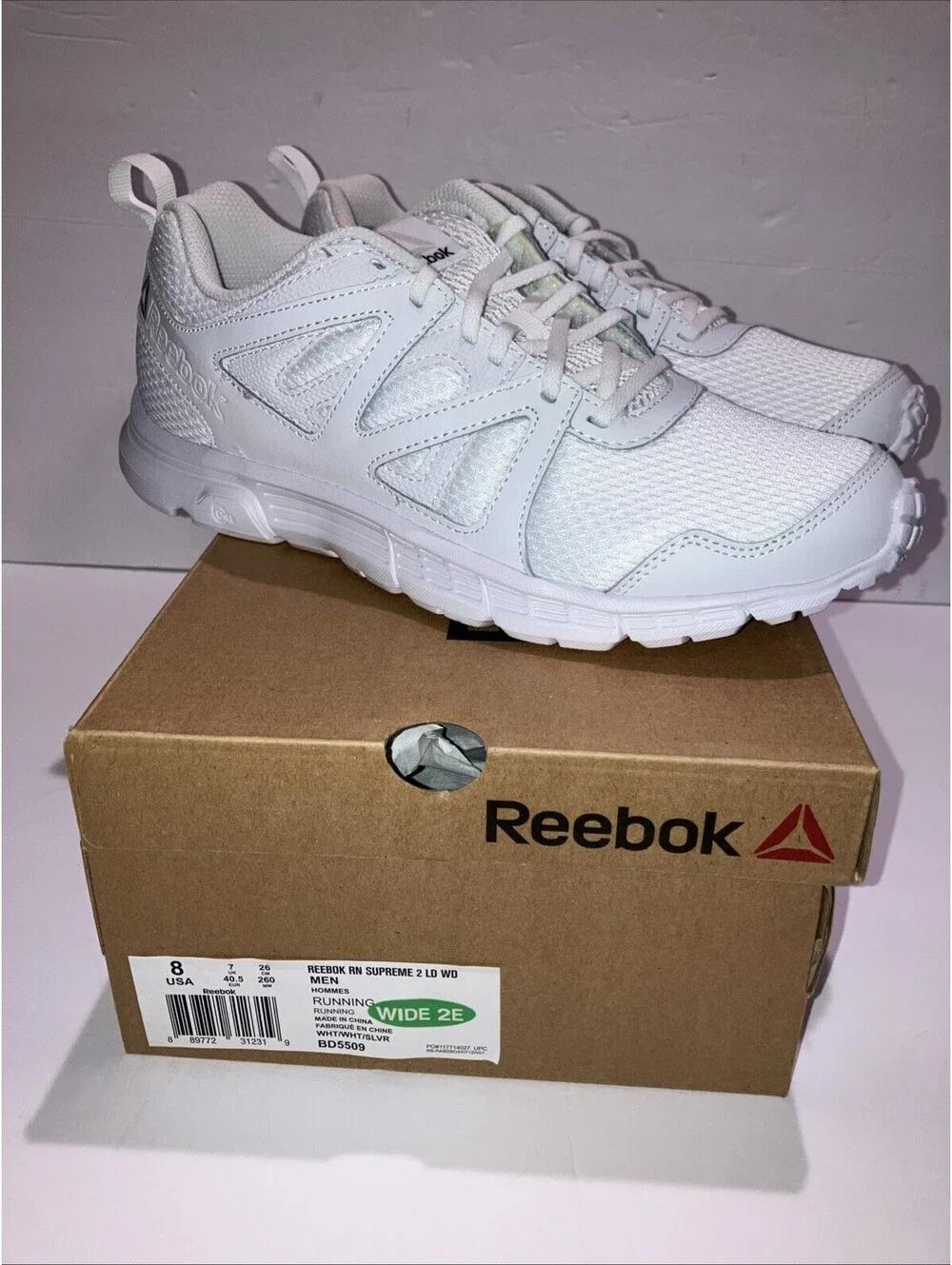 REEBOK Run Supreme 2 LD WIDE BD5509 Men's Running Shoe Size 8 White 2E WIDE NEW